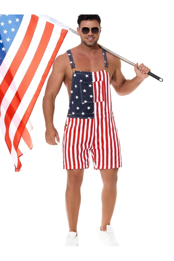 American Flag Overalls Denim Bib Jumpsuit Shorts Jean Romper for Men