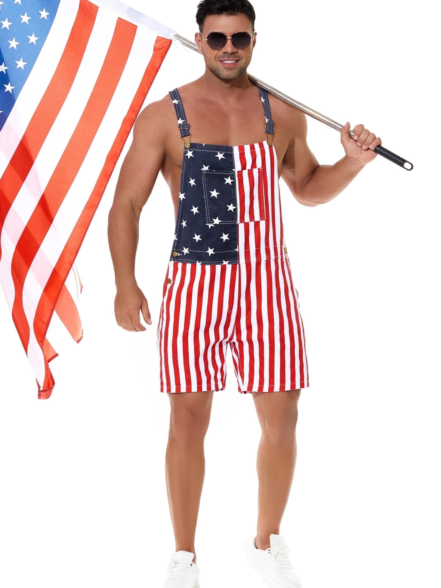 250th Anniversary American Flag Overalls Denim Bib Jumpsuit Shorts Jean Romper for Men(Red White Blue,3XL)
