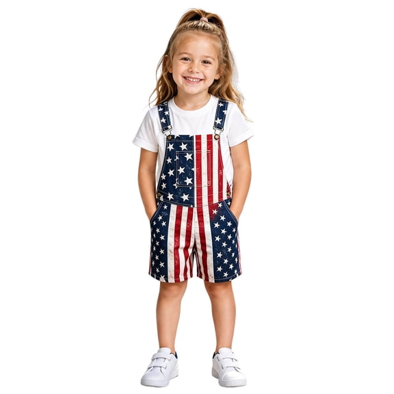 American Flag Overalls Kids 250 Anniversary USA Suspender Shorts Summer Sleeveless Patriotic Casual Short Romper #17 Navy 6-7 Years