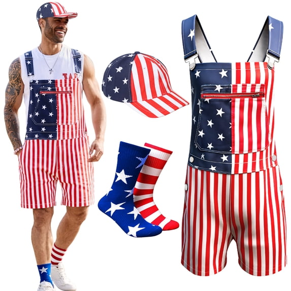 American Flag Overalls Men,250th Anniversary USA Hat,Patriotic Socks,3 Pcs for 4th of July Outfits Labor Day(American Flag,XL)