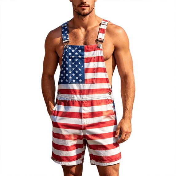 American Flag Overalls Men Shorts Loose Fit Festival Jumpsuits Patriotic Work Bibs Coveralls Casual Outdoor Summer Fourth of July Clothes