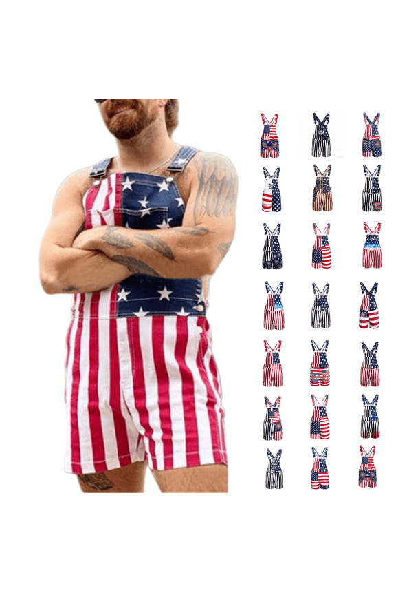 American Flag Overalls Men Stretch Denim Bib Shorts USA 4th of July Outfits