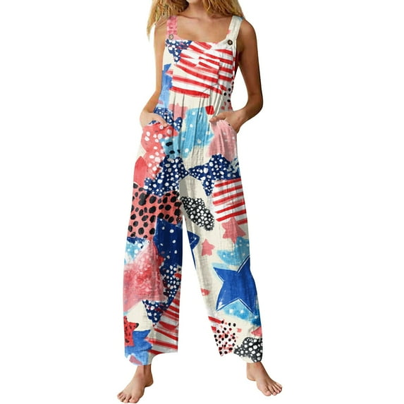 American Flag Overalls Women, Independence Day Casual Jumpsuit Outfit Statement Earrings Pairing Linen Romper Women's Cotton Printed Summer To Winter Trendy Wide Leg Back Pink Xl