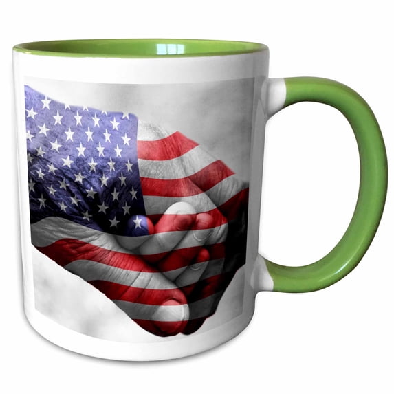 3drose, American Flag Overlaying Holding Hands of a Child and Adult, 15oz Two-tone Green Mug