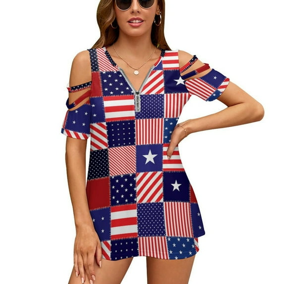 American Flag Painting Brush Style Womens Summer V Neck Zipper Top Short Sleeve T Shirt Off Shoulder Top Casual Classy Loose Shirts
