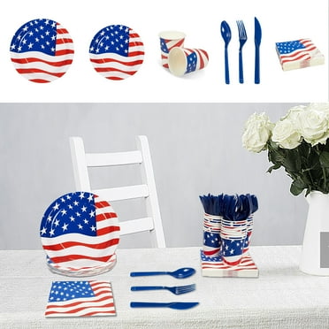 American Flag Party Decorations 4th of July Patriotic Tableware Disposable Banner,Tablecloth,Plates,Napkins,Cups,Forks and Knives for Independence Day, Memorial Day Party Supplies ,Serve 24