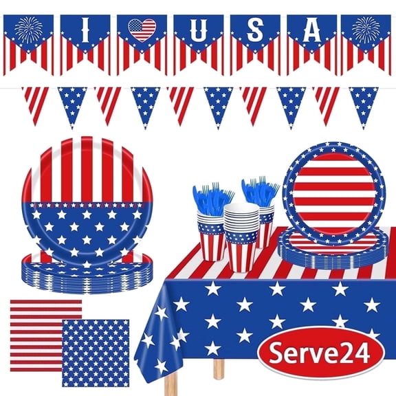 Kabuer 4th of July Patriotic Party Decor Disposable Tableware Paper Plates Banner Set for Independence Day Memorial Day Supplies, Serves 24 (Type 1) 
