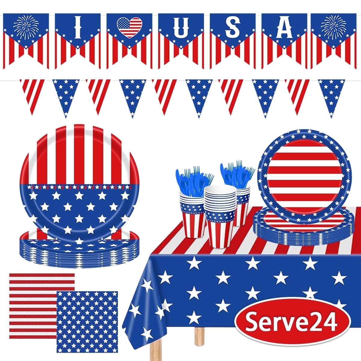 4th of July Decoration Patriotic Party Supplies Disposable Tableware Paper Plates Banner Tablecloth Napkins Set  for Independence Day Memorial Day Serves 24 (Type 1) ﻿
