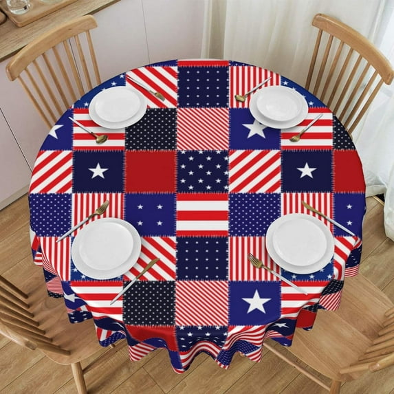 American Flag Patchwork Round Tablecloths 60 Inch Vertical Blue Red Striped Table Cloth Wipeable Table Cover Protector Stars and Stripes Table Covers for Party, Picnic, Dinning, Weddings