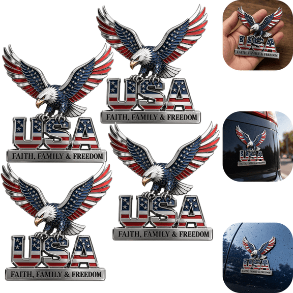 American Flag Patriotic Car Emblem, 1776-2026 250th Anniversary 3D Metal Eagle Badge, USA Faith Family & Freedom Decal for Truck SUV Motorcycle, Memorial Day Father's Day Gift 4PCS