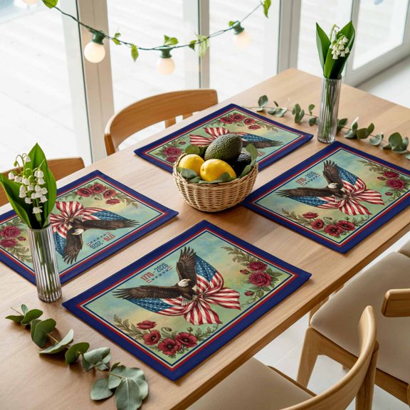 American Flag Patriotic Eagle Placemats Set of 4,Wipeable Washable Table Mats for Dining Tables, Country Flower Leaf July 4th Place Mats for Kitchen Event Party Tabletop Decor