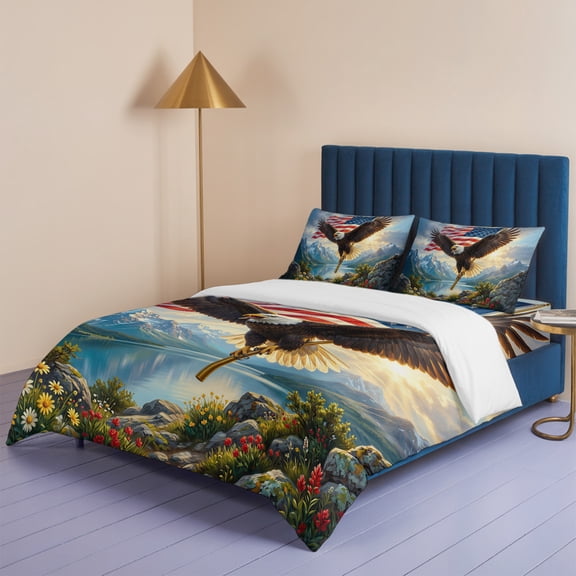 American Flag Patriotic Eagle Queen Size Bed Set,Mountain Lake Flower Scenery Bedding for All Seasons,4 Pcs Bed Set,1 Quiltcover (90"x90"),1 Sheet (90"x102"),2 Pillowcases (20"x30")