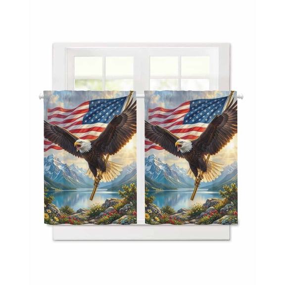 American Flag Patriotic Eagle Short Blackout Curtains 36 Inch Long,Mountain Lake Flower Scenery Rod Pocket Kitchen Curtains,2 Panels Thermal Insulated Room Darkening Drapes for Bedroom,30"W x 36"L