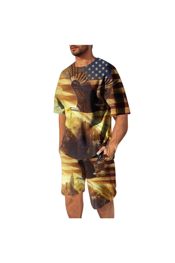 American Flag Patriotic Graphic Outfit Mens 4th of July Two-Piece Mid Waisted Elastic Short Pants Round Neck Short Sleeve Blouse Independence Day Set