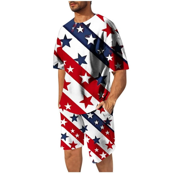 American Flag Patriotic Graphic Outfit Mens 4th of July Two-Piece Mid Waisted Elastic Short Pants Round Neck Short Sleeve Blouse Independence Day Set