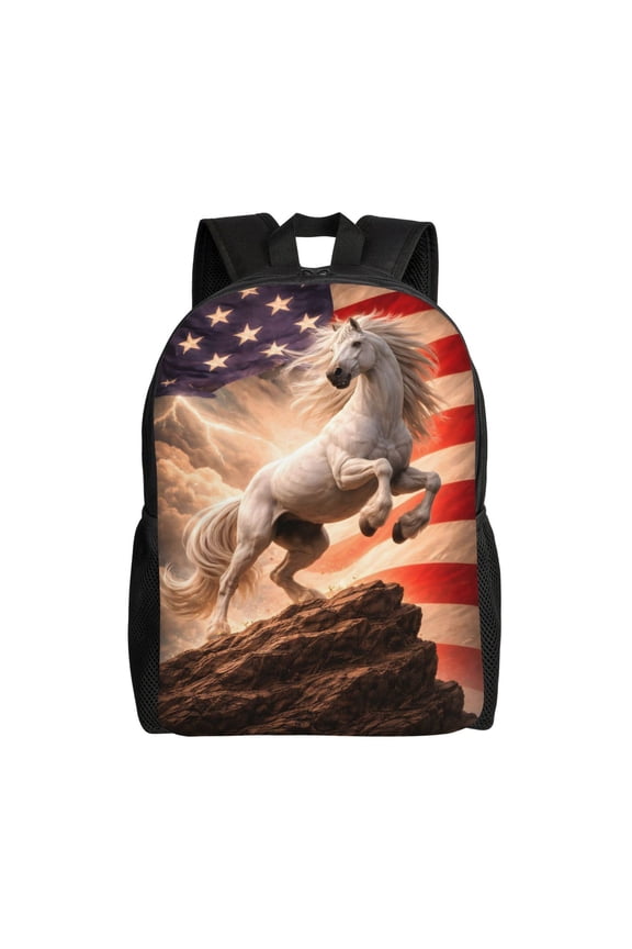 American Flag Patriotic Horse Backpack Large Capacity Laptop Bag for Men and Women