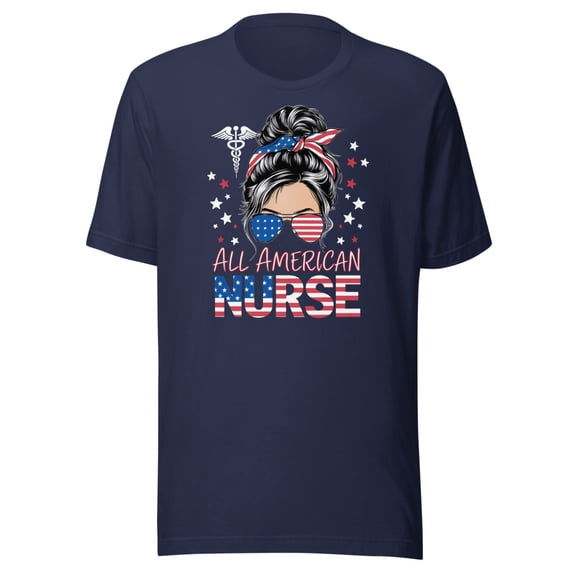 American Flag Patriotic Nurse Shirt, Unisex, Messy Bun Shirt, Funny 4th Of July Shirt, Patriotic Nurse T-Shirt, Funny Nurse Life, Festive (Navy, L)