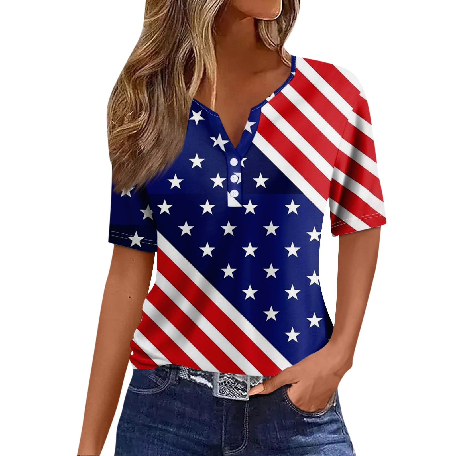 American Flag Patriotic Plus Size Tops Short Sleeve Buttons Summer Tops ...