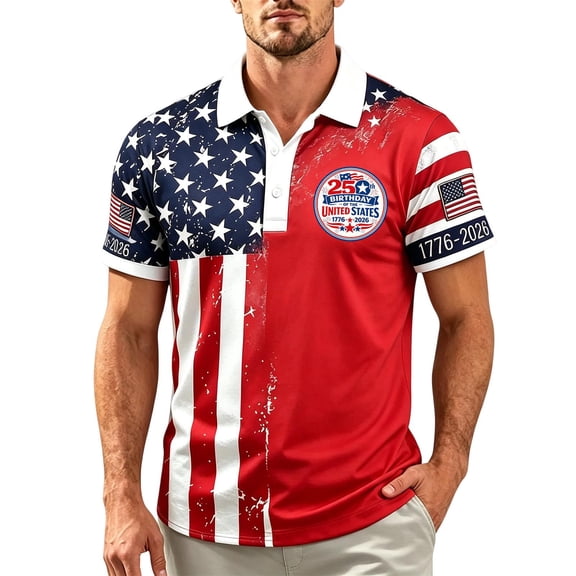 American Flag Patriotic Polo Shirts for Men 250th America Anniversary 4th Of July Golf Shirts Short Sleeve Usa Flag Print Polo Tshirt Button Down Independence Day Patriotic Golf Shirts,Red XL