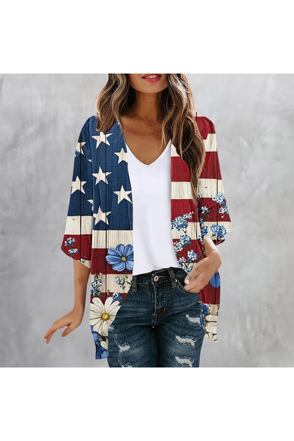 American Flag Patriotic Shawl Wrap Cardi - July 4 USA Stars Stripes Open Kimono Cardigan