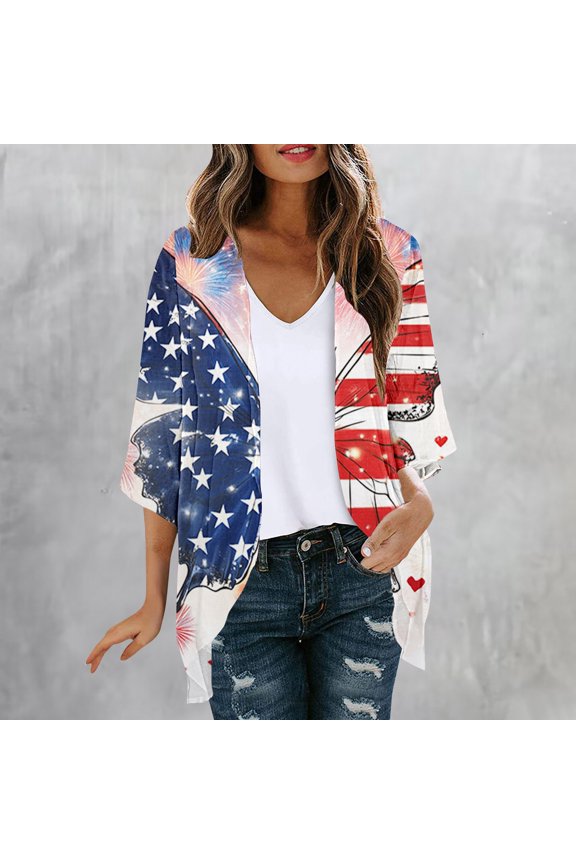 American Flag Patriotic Shawl Wrap Cardi - July 4 USA Stars Stripes Open Kimono Cardigan