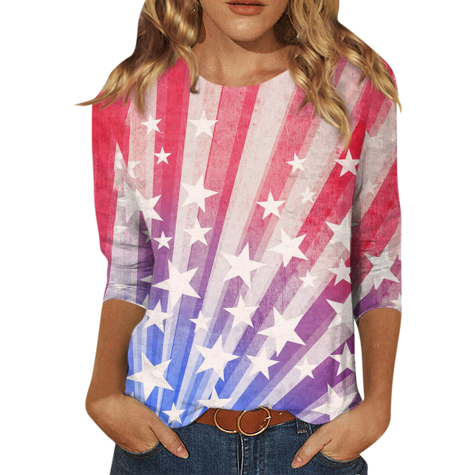 American Flag Patriotic Shirt 3/4 Sleeve Shirts for Women Button Down O ...