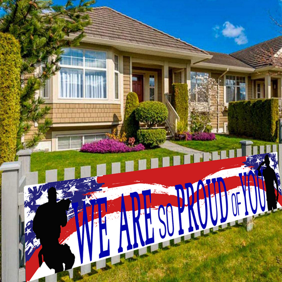 American Flag Patriotic Soldier We are So Proud of You Banner,Patriotic Theme Veterans Day 4th of July Memorial Day Deployment Returning Back Military Army Homecoming Party Decoration