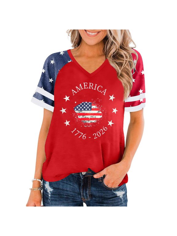 American Flag Patriotic T-Shirt Women 4th of July Shirt USA Flag Stars Stripes Graphic V Neck Raglan Shirt Summer Casual Tops
