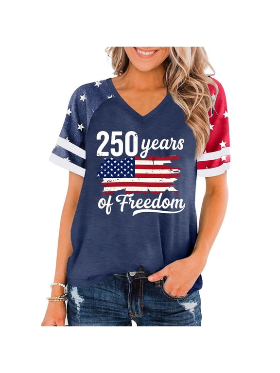 American Flag Patriotic T-Shirt Women 4th of July Shirt USA Flag Stars Stripes Graphic V Neck Raglan Shirt Summer Casual Tops