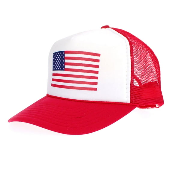 American Flag Patriotic USA Classic 5 Panel Mesh Snap Back Trucker Hat Red Flag