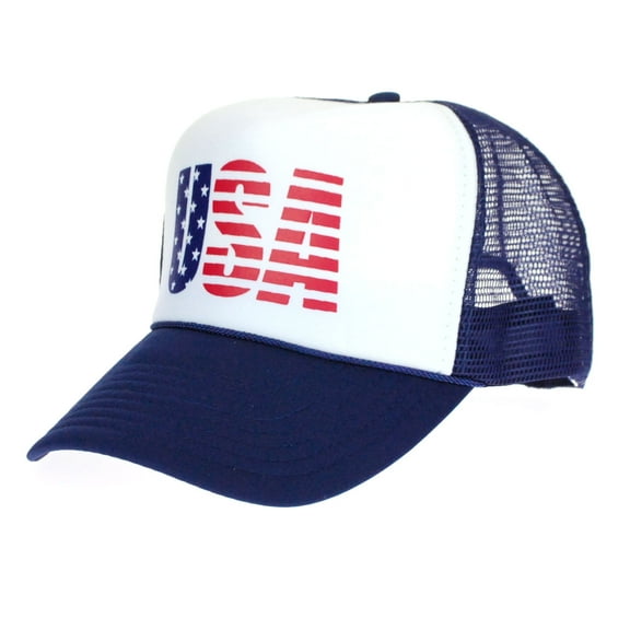 American Flag Patriotic USA Classic 5 Panel Mesh Snap Back Trucker Hat USA Blue