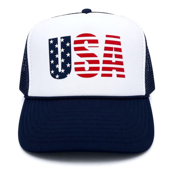 American Flag Patriotic USA Classic 5 Panel Mesh Snap Back Trucker Hat [Navy - USA]