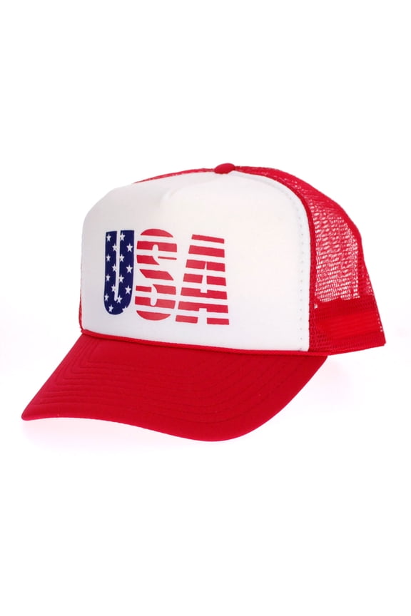 American Flag Patriotic USA Classic 5 Panel Mesh Snap Back Trucker Hat [Red - USA]