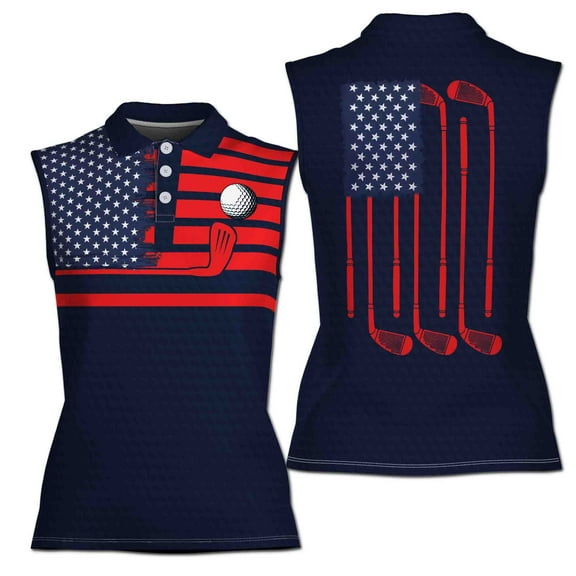 American Flag Patriotic Womens Blue Golf Unique Women Sleeveless Polo XS-4XL