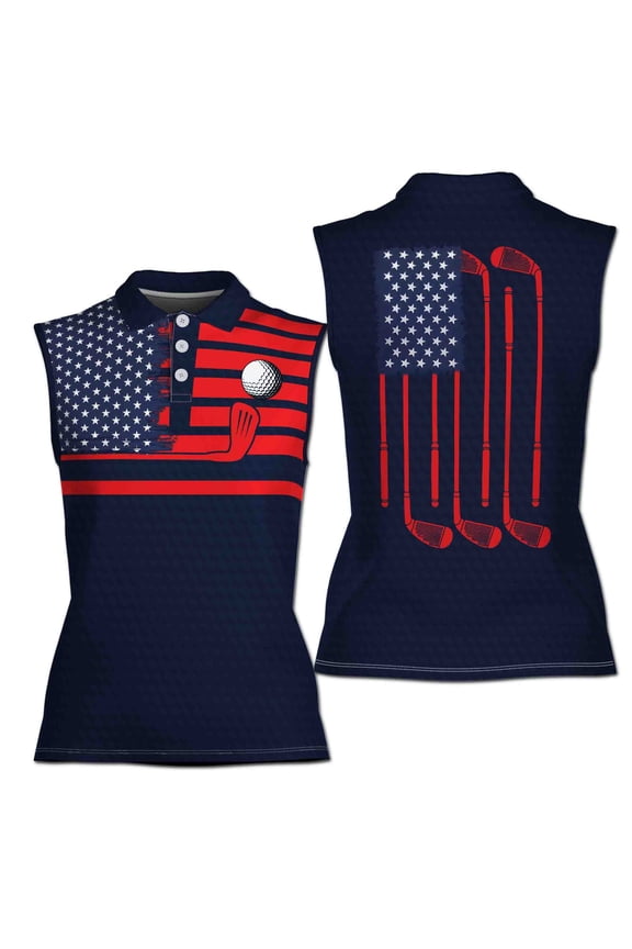 American Flag Patriotic Womens Blue Golf Unique Women Sleeveless Polo XS-4XL