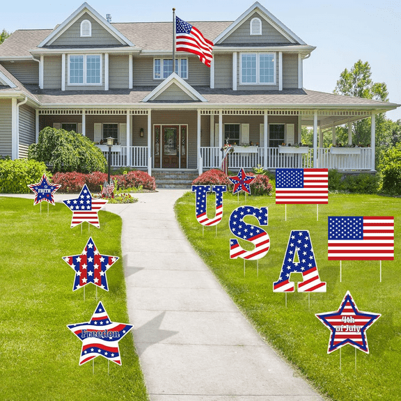 4th of July Yard Signs Decorations Outdoor,USA Flag Patriotic Independence Day Signs Decor with 11 Stakes,Outdoor Lawn Stars USA Home Garden Yard Decor,11PCS