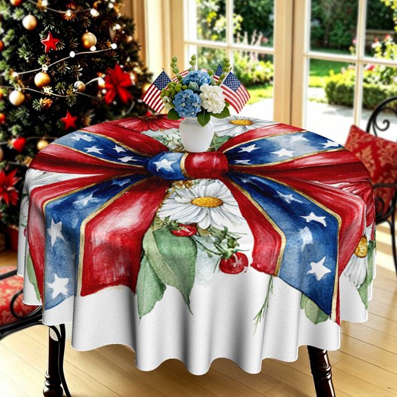American Flag Pattern Bow Daisy Flower 2D Graphic Print Round Tablecloth, Decorative Table Cover for Indoor Kitchen, Outdoor Garden Holiday Parties