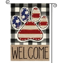 American Flag Paw Print Patriotic 4th of July Garden Flag 12x18 Inch Double Sided Outside, Welcome Buffalo Plaid Yard Outdoor Decoration
