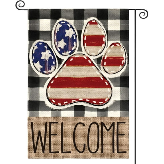 American Flag Paw Print Patriotic 4th of July Garden Flag 12x18 Inch Double Sided Outside, Welcome Buffalo Plaid Yard Outdoor Decoration