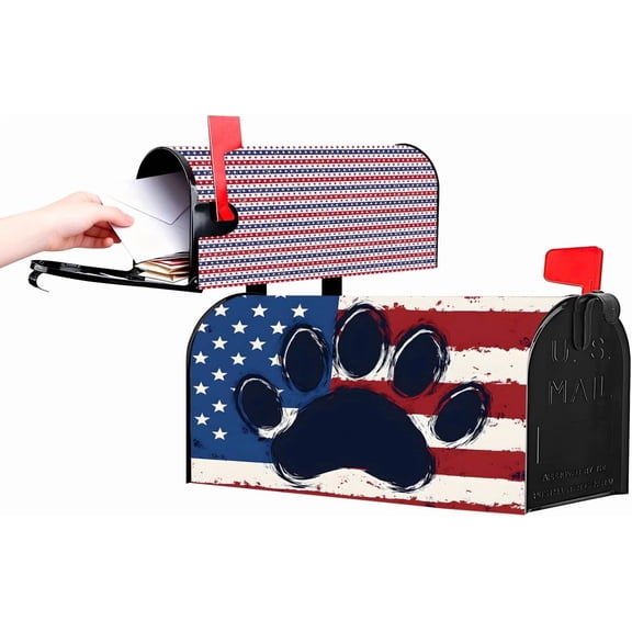 American Flag with a Paw Print & Stars Stripes Mailbox Covers Magnetic Standard Size 21x18 Inch, Patriotic Mail Box Wraps for 4th of July Independence Day, Post Letter Box Cover for Garden
