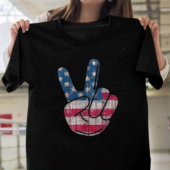 American Flag Peace Sign Hand 4th Fourth Of July Hippie Patriotic T-Shirt Unisex, up to 5XL