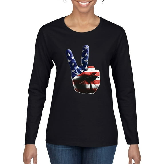 American Flag Peace Sign Hand Pop Culture Womens Graphic Long Sleeve T-Shirt, Black, Small