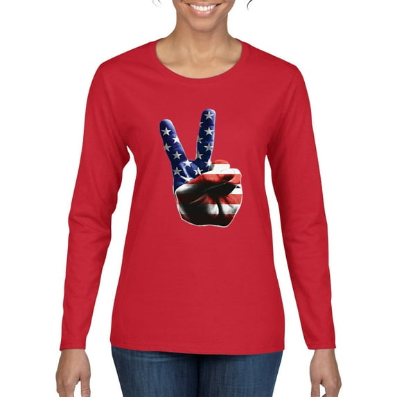 American Flag Peace Sign Hand Pop Culture Womens Graphic Long Sleeve T-Shirt, Red, Large