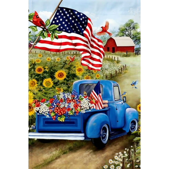 American Flag Pick Up Truck Patriotic Country Farmhouse Sublimated Double Sided Deluxe Garden Flag 12" x 18" 3-ply 600 Denier 110 Knitted Polyester SGF008