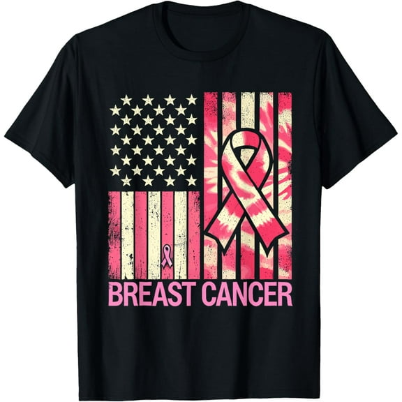 American Flag Pink Ribbon Breast Cancer Awareness Support T-Shirt