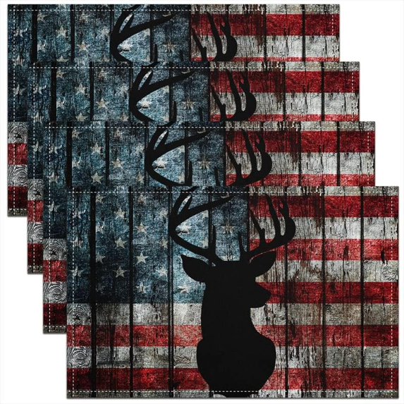 American Flag Placemats for Dining Table Set of 4 Deer Washable Fabric Table Mats Placemat Antlers Table Mats Farmhouse Deer Hunting Red Blue PlacematsQuilt Cover 18"x12"