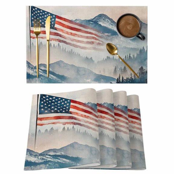American Flag Placemats Set of 4 4th of July Forest Independence Day Place Mats Indoor Wipeable Table Mats Washable Cloth Dining Table Placemats for Kitchen Holiday Party Home Decor 13x19 Inch
