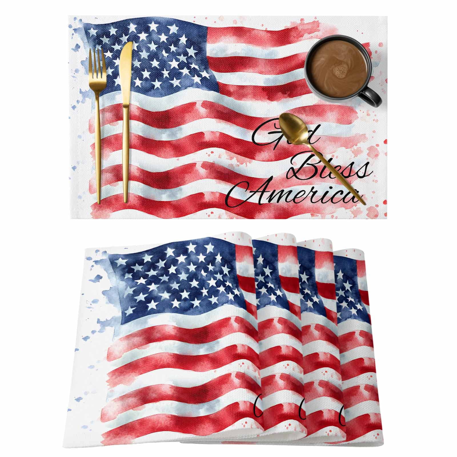 American Flag Placemats Set of 4 Red Blue Watercolor USA Flag Place ...