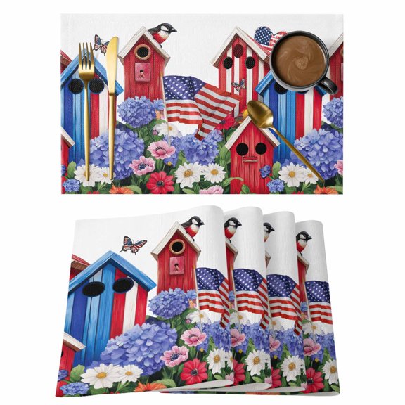 American Flag Placemats Set of 4 Spring Garden Floral Birds House Place Mats Indoor Wipeable Table Mats Washable Cloth Dining Table Placemats for Kitchen Holiday Party Home Decor 13x19 Inch