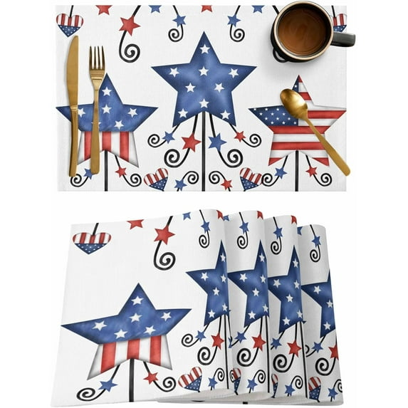 American Flag Placemats Set of 4,Washable Woven Burlap Cloth Fabric Placemat for Square/Rectangle/Round/Oval Dining Table,Easy Clean Place Mats for Kids 4th of July Red Blue Patriotic Memorial Day